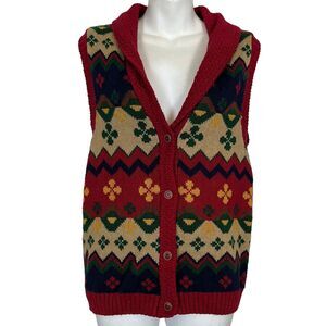 Gina Peters Vintage Red Green Blue Cardigan Vest Chunky Knit Sweater sz Small